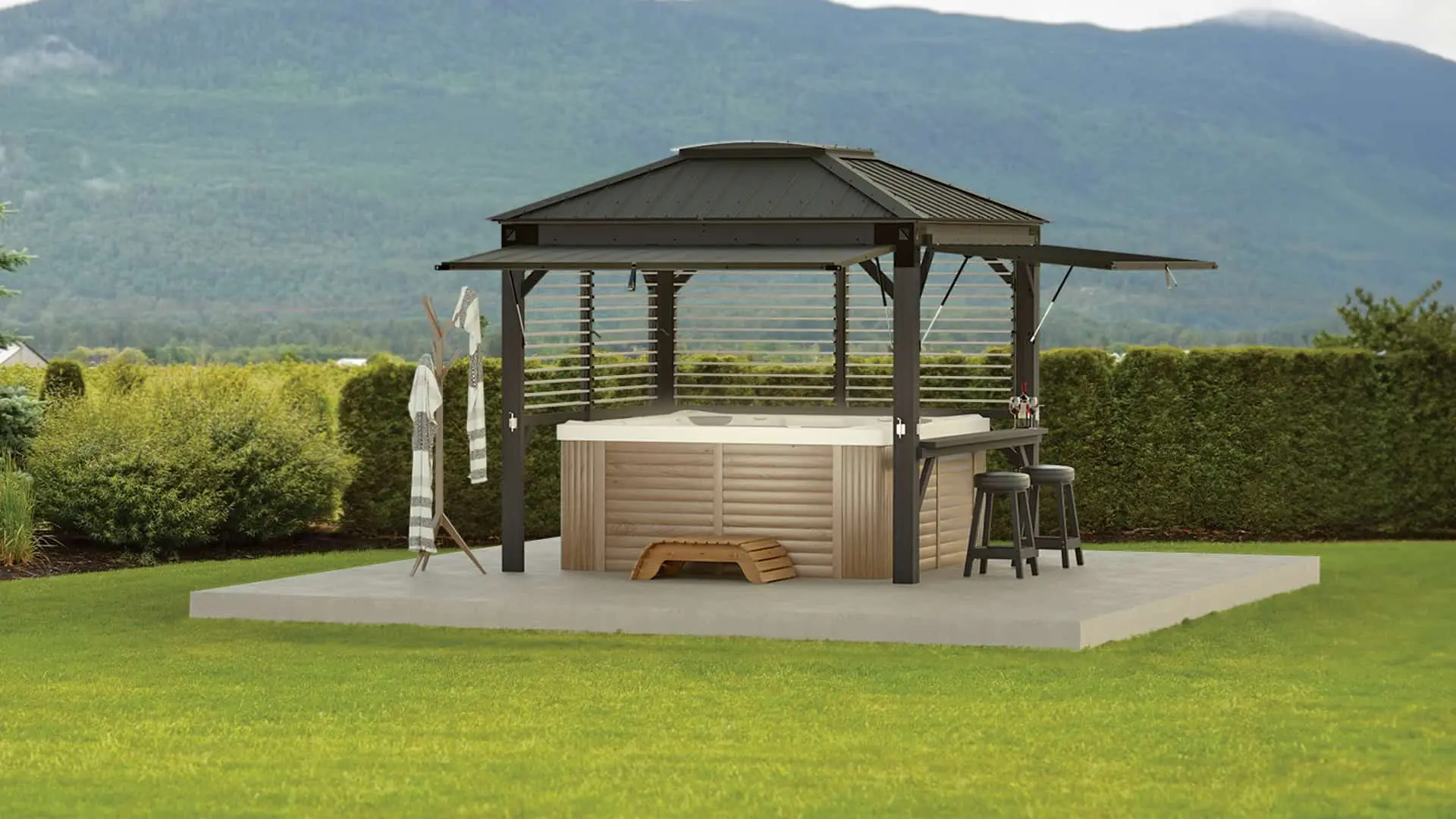 Visscher Sedona semi-enclosed outdoor structure over a hot tub with bar seating